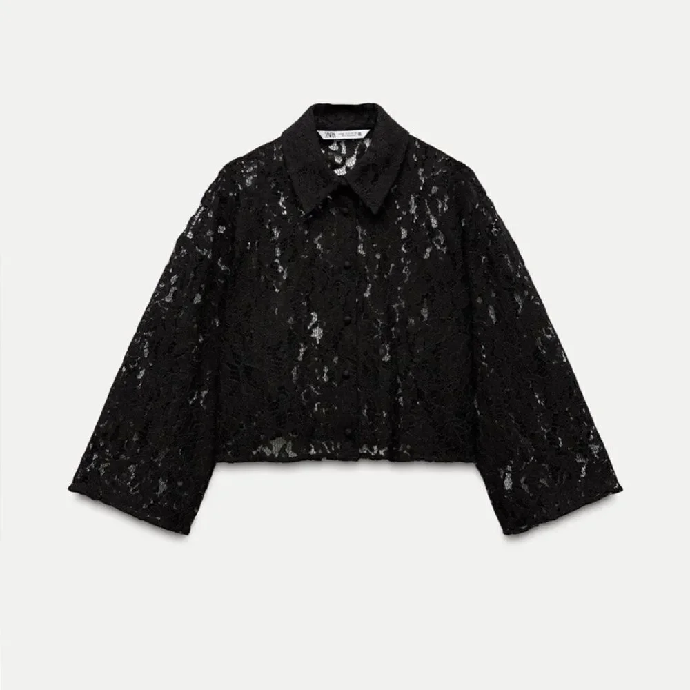 Zara Sheer Lace Black Crop Top Size XS